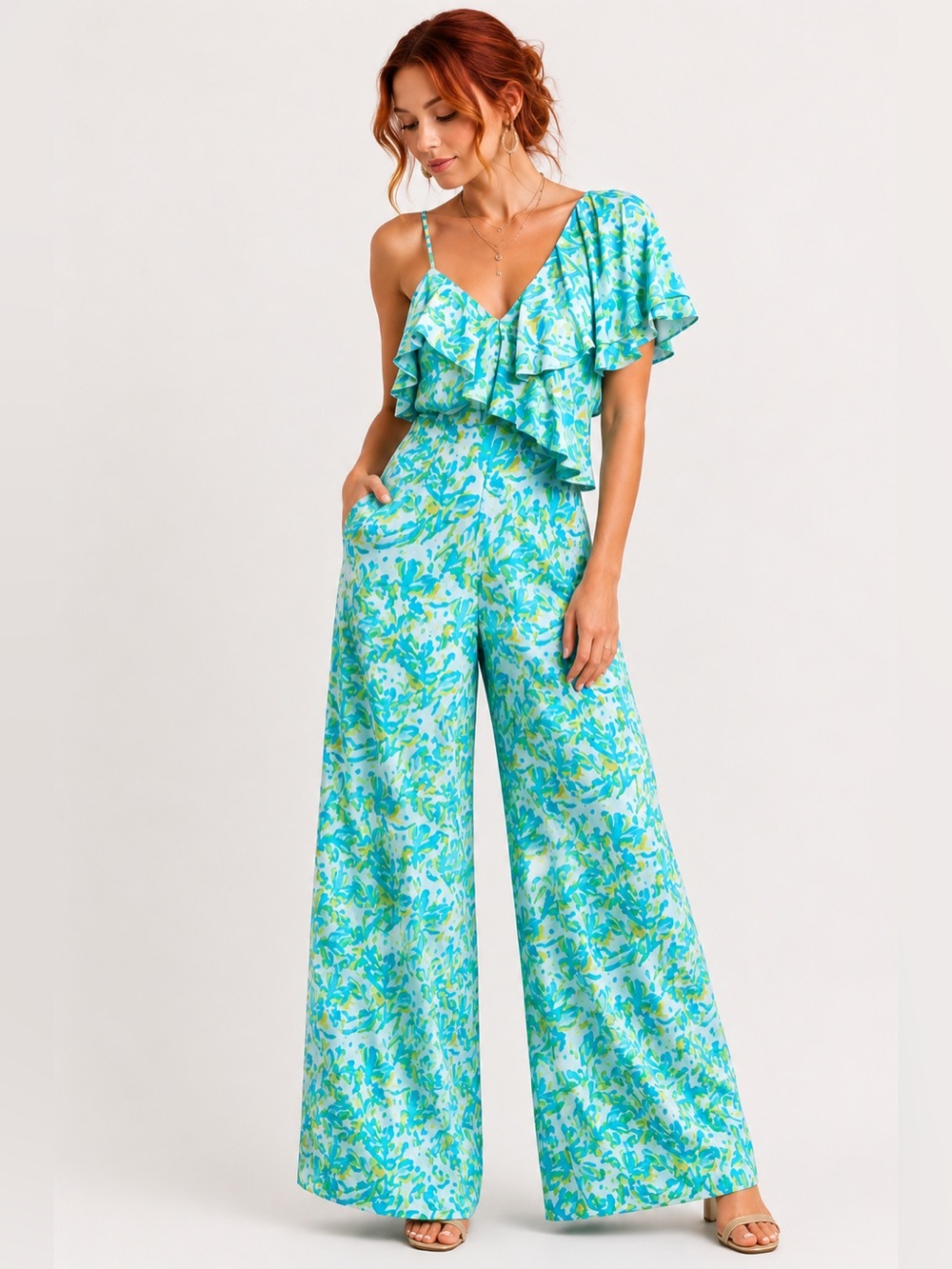 Corey Lynn Calter Jumpsuit Size M One‎ Shoulder Ruffle Floral Wide Leg